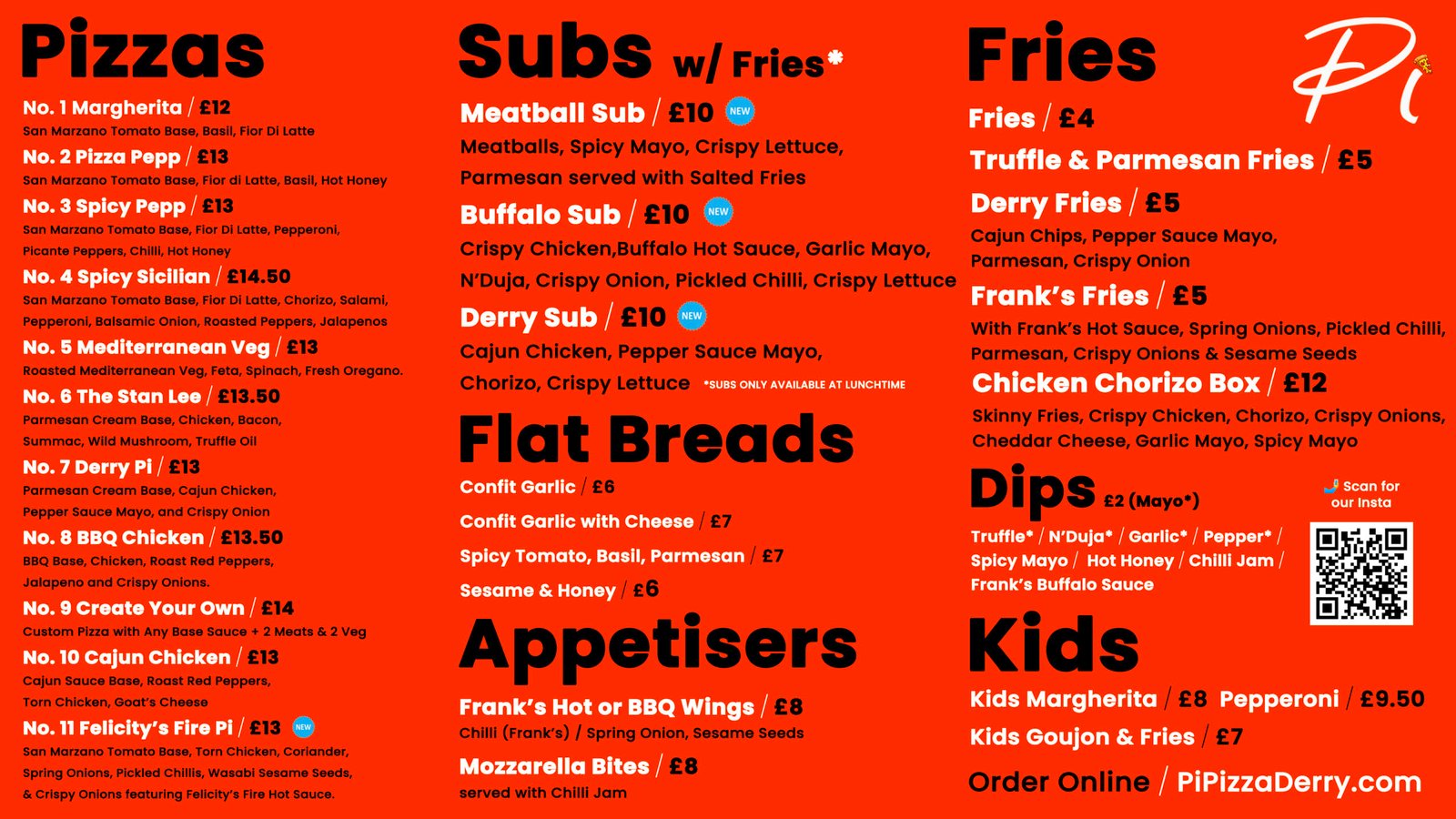 The menu for Pi Pizza in Derry